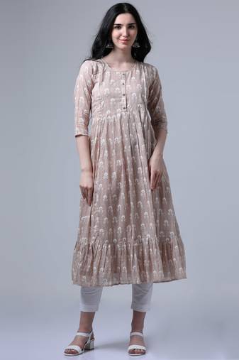 Pastel brown 3/4th regular sleeves floral print flared dress