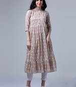 Pastel brown 3/4th regular sleeves floral print flared dress