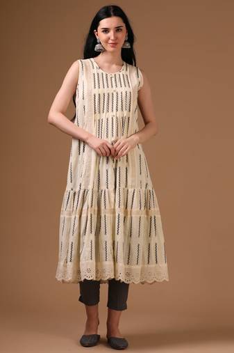 Off-white sleeveless traditional motifs flared dress