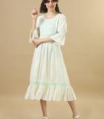 White 3/4th sleeves cotton mirror work and thread work regular fit calf length dress
