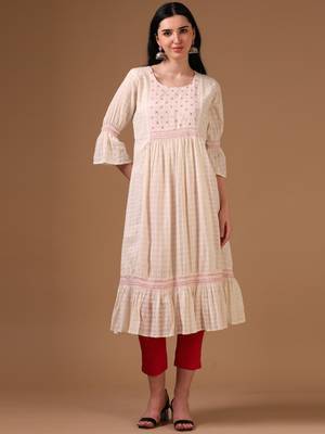 Off-white 3/4th flared sleeve self textured flared dress 1