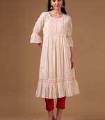 Off-white 3/4th flared sleeve self textured flared dress