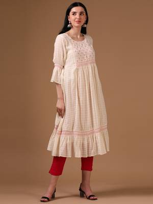 Off-white 3/4th flared sleeve self textured flared dress 3