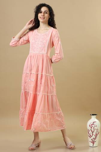 Peach 3/4th sleeves cotton thread work regular fit calf length dress