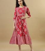 Red 3/4th sleeves cotton floral regular fit calf length dresses