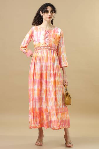 Pink 3/4th sleeves cotton silk tie dye and mirror work regular fit ankle length dress