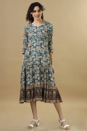 Teal 3/4th sleeves cotton floral regular fit calf length dress