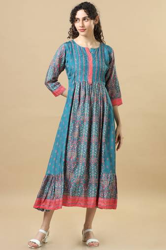 Peacock 3/4th sleeves chanderi silk floral regular fit calf length dress