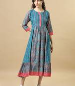 Peacock 3/4th sleeves chanderi silk floral regular fit calf length dress