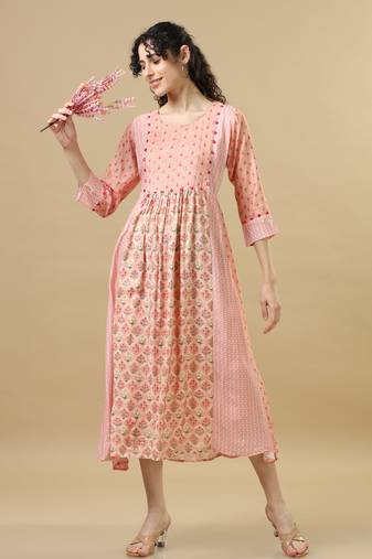 Light orange 3/4th sleeves cotton silk floral regular fit calf length dress