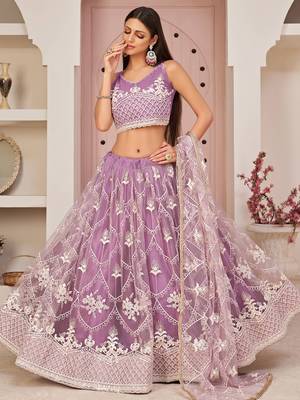 purple thread embroidered butterfly net lehenga set choli with dupatta 1
