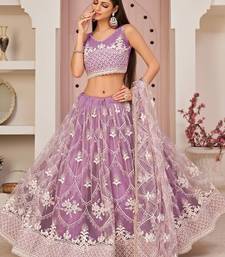 purple thread embroidered butterfly net lehenga set choli with dupatta