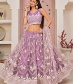 purple thread embroidered butterfly net lehenga set choli with dupatta