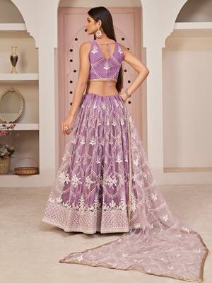 purple thread embroidered butterfly net lehenga set choli with dupatta 2
