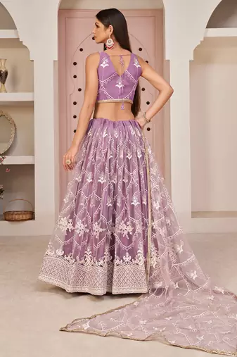 purple thread embroidered butterfly net lehenga set choli with dupatta