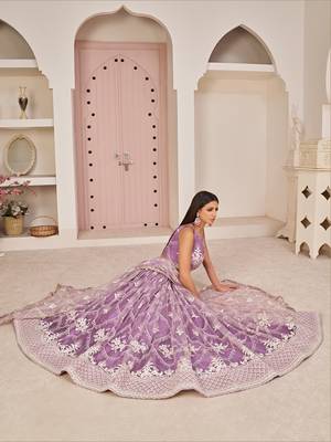 purple thread embroidered butterfly net lehenga set choli with dupatta 3