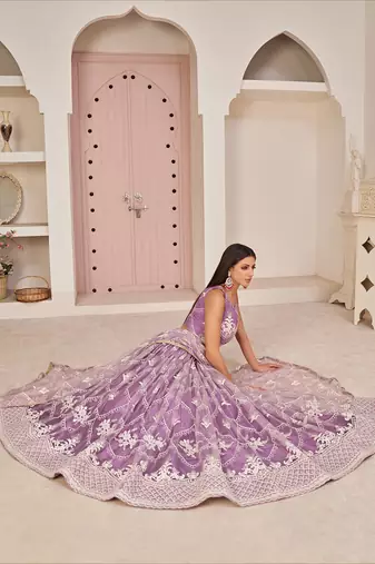 purple thread embroidered butterfly net lehenga set choli with dupatta