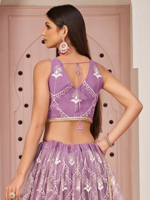 purple thread embroidered butterfly net lehenga set choli with dupatta 5