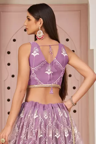 purple thread embroidered butterfly net lehenga set choli with dupatta