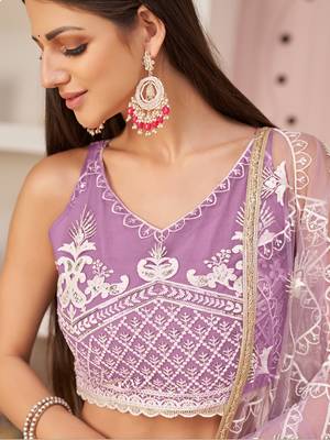 purple thread embroidered butterfly net lehenga set choli with dupatta 6