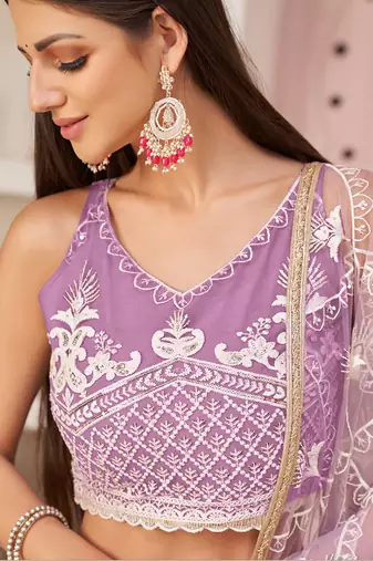 purple thread embroidered butterfly net lehenga set choli with dupatta