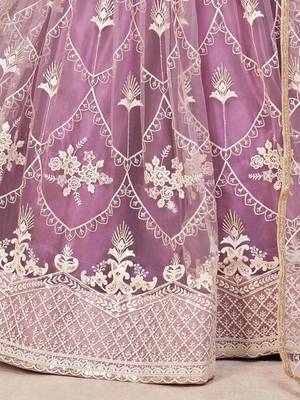 purple thread embroidered butterfly net lehenga set choli with dupatta 7