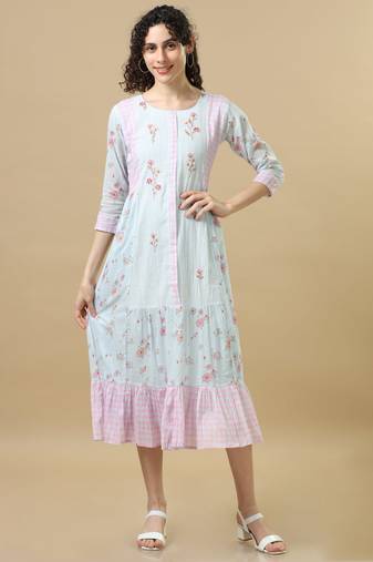 Grey 3/4th sleeves cotton floral regular fit calf length dress