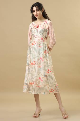 Coral 3/4th sleeves cotton silk floral regular fit calf length dress