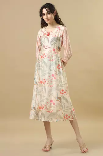 Coral 3/4th sleeves cotton silk floral regular fit calf length dress