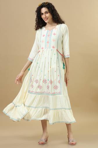 Cream 3/4th sleeves cotton silk thread work and embroidery loose fit calf length dress