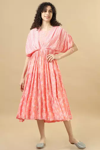 Pink elbow sleeves rayon cotton floral regular fit calf length dress