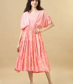 Pink elbow sleeves rayon cotton floral regular fit calf length dress