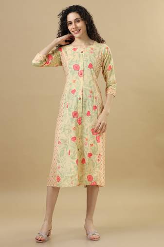 Mustard 3/4th sleeves linen mixed prints and floral print regular fit calf length dress