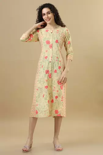 Mustard 3/4th sleeves linen mixed prints and floral print regular fit calf length dress