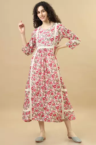 Pink 3/4th sleeves cotton floral regular fit ankle length dress