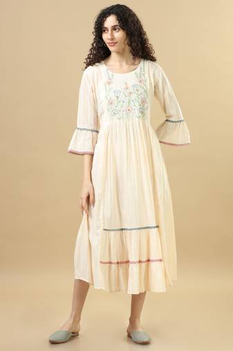 Cream 3/4th sleeves cotton machine thread work and dobby regular fit calf length dress