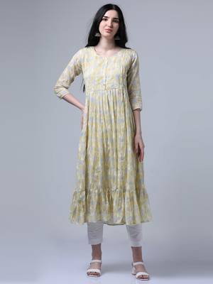 Light mustard 3/4th regualr sleeve flared dress 1