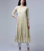 Light mustard 3/4th regualr sleeve flared dress