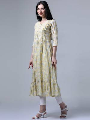Light mustard 3/4th regualr sleeve flared dress 2