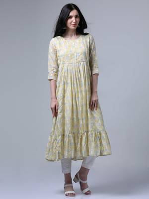 Light mustard 3/4th regualr sleeve flared dress 3