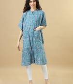 Blue elbow sleeves cotton block print regular fit calf length kaftan