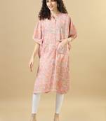 Peach elbow sleeves cotton block print regular fit calf length kaftan