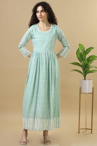 Green full sleeves cotton mirror work regular fit ankle length dress