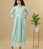 Green full sleeves cotton mirror work regular fit ankle length dress