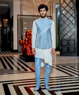 Powder Blue Neo-Floral Nehru Jacket Set 1