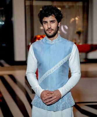 Powder Blue Neo-Floral Nehru Jacket Set 2