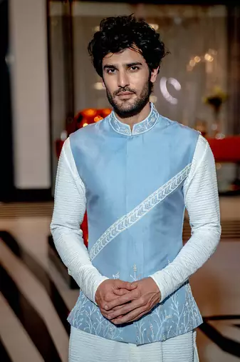 Powder Blue Neo-Floral Nehru Jacket Set