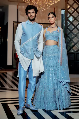 Powder Blue Neo-Floral Nehru Jacket Set