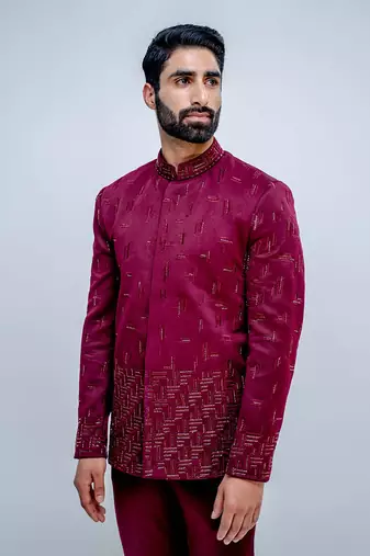Plum Dispersed Bandhgala Set