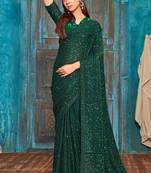 Women's bottle green heavy beads sequence border work silk designer saree sari with blouse piece